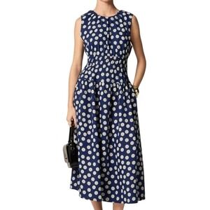 J.Crew Hyacinth Linen Polka Dot Midi Dress L Blue White Sleeveless Retro Classic